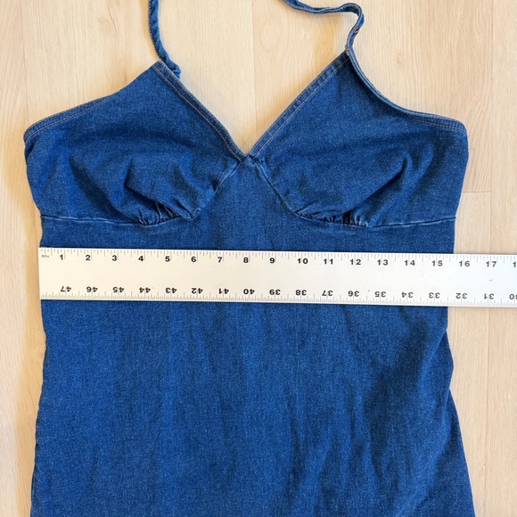 VTG! Y2K Xhilaration Stretch Denim Halter Fringe Mini Dress Women M Chic retro - Picture 7 of 9